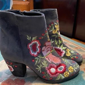 bootie heels with embroidery.